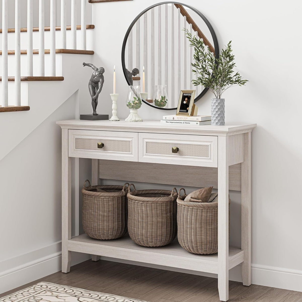 Superjoe Rattan Entryway Table, Boho Console Table w/Widened Tabletop, Farmhouse Sofa Table w/Storage Shelf, Grayish White Foyer Table