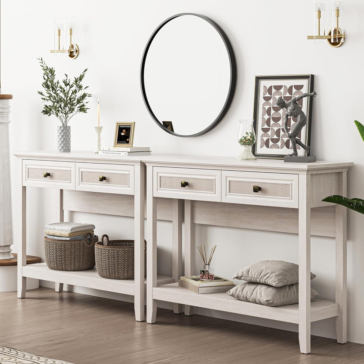 Superjoe Rattan Entryway Table Set of 2, Boho Console Table w/Widened Tabletop, Farmhouse Sofa Table w/Storage Shelf, Grayish White Foyer Table