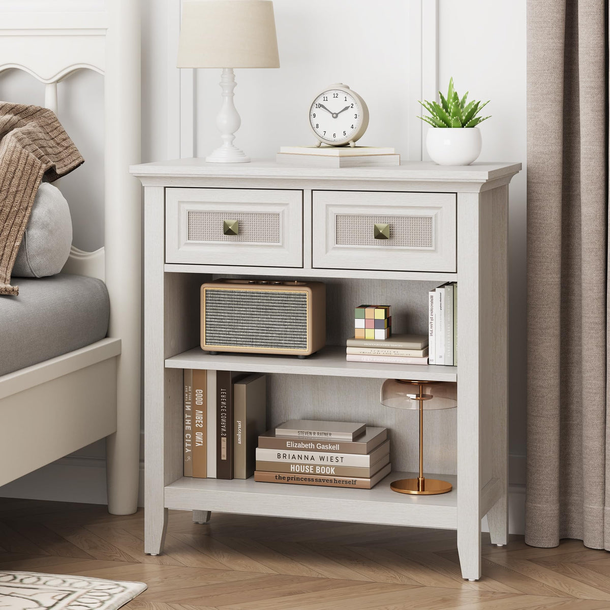 Superjoe Rattan Storage Cabinets, Accent Boho Storage Cabinet with 2 Drawers and 2 Shelves, Multipurpose Modern Storage Cabinet for Living Room, Entryway, Front Hall, Hallway, White