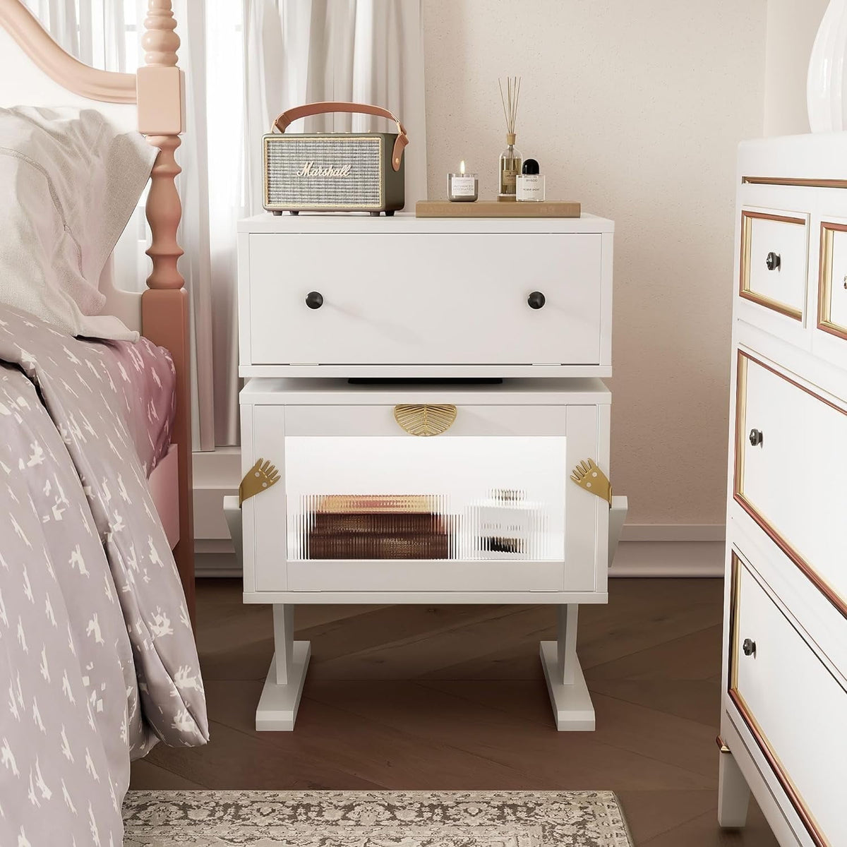 Superjoe White Nightstand with LED Light Strips 360° Rotating Drawer, Modern End Table with Glass Door Storage, Wood Bedside Table Cabinet for Living Room, Bedroom, Nursery