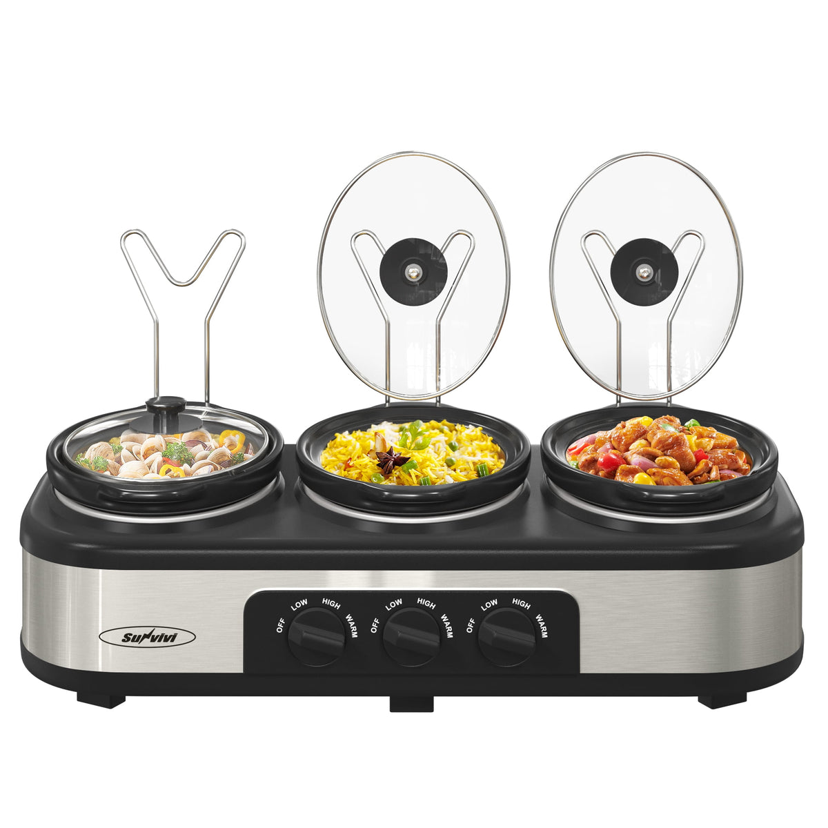 Triple Slow Cooker with 3 Spoons, 3 Pot 1.5 Quart Oval Crock Food Warmer Buffet Server, Stainless Steel