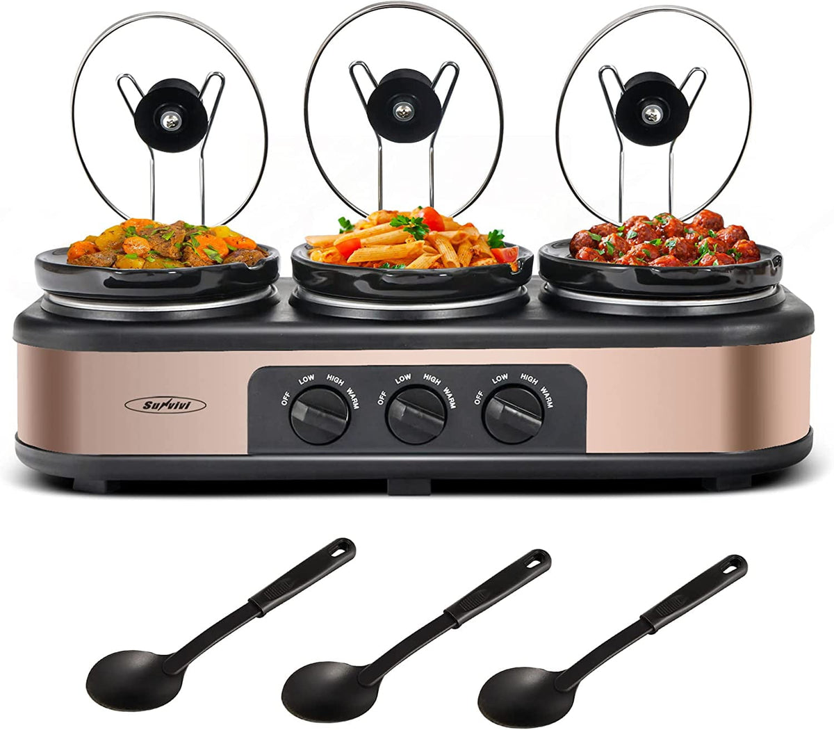 Royalcraft Double Slow Cooker,2 Pot Small Mini Crock Buffet Servers and Warmer,Dual Pot Oval Manual Slow Cooker with Adjustable Temp Removable Ceramic Pot,Stainless Steel, Total 2.5 Quarts Black