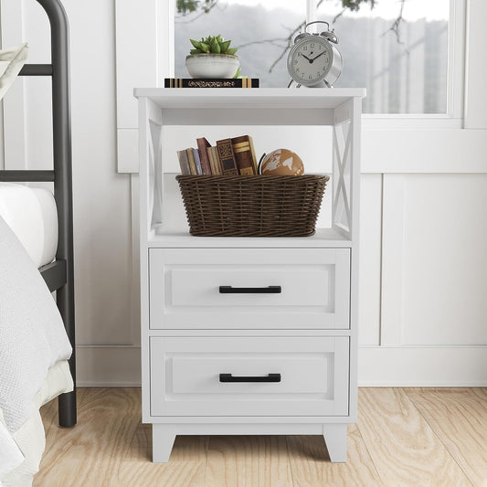 White Nightstand, Farmhouse Side Table with Storage Drawers and Open Shelf, Wooden Rustic End Table for Bedroom, Living Room