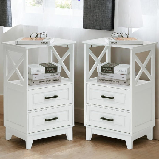 White Nightstand Set of 2, Wood X-Design Tall Nightstand with 2 Drawers, Modern Side Tables with Storage, Bedside End Tables for Bedroom, Living Room