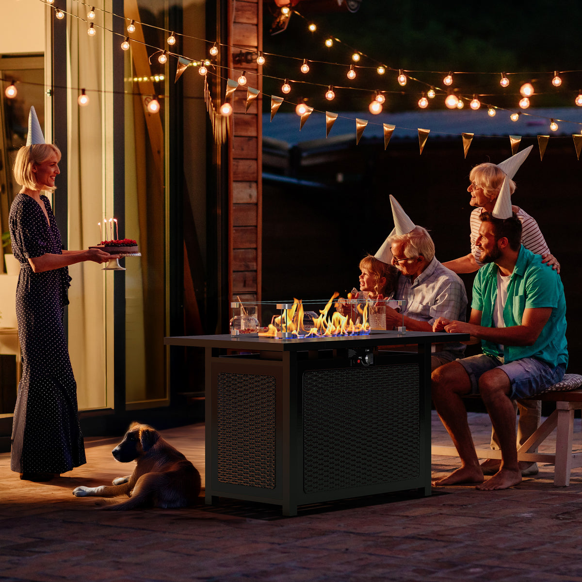 Royalcraft 2 in 1 Propane Fire Pit Table, 50000 BTU Gas Fire Pits Table with Removable Lid, Lava Rock and Cover, Rectangular Fire Table for Dining or Party on Patio, Garden, Yard, 43'', Black