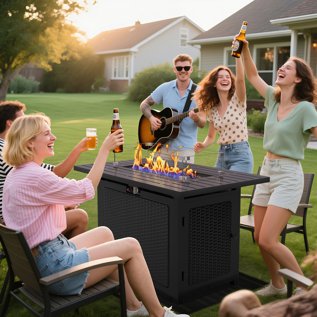 Royalcraft 2 in 1 Propane Fire Pit Table, 50000 BTU Gas Fire Pits Table with Removable Lid, Lava Rock and Cover, Rectangular Fire Table for Dining or Party on Patio, Garden, Yard, 43'', Black