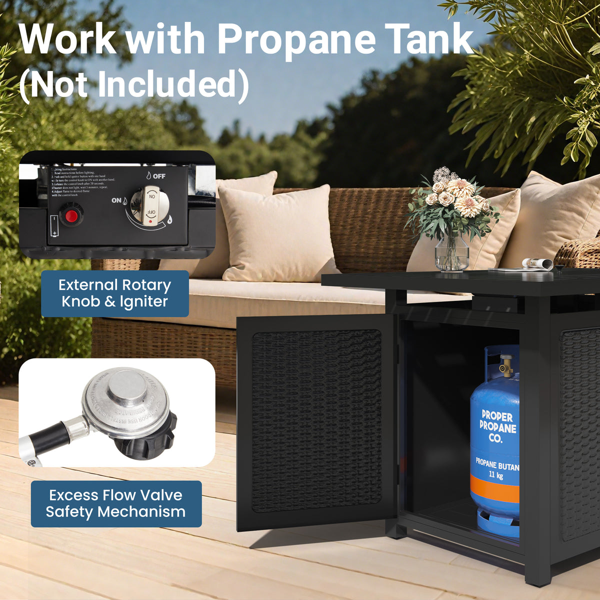 Royalcraft 2 in 1 Propane Fire Pit Table, 50000 BTU Gas Fire Pits Table with Removable Lid, Lava Rock and Cover, Rectangular Fire Table for Dining or Party on Patio, Garden, Yard, 43'', Black