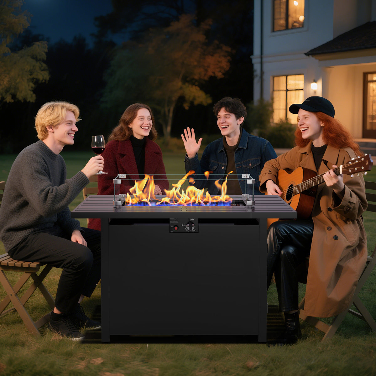 Royalcraft 2 in 1 Propane Fire Pit Table, 50000 BTU Gas Fire Pits Table with Removable Lid, Lava Rock and Cover, Rectangular Fire Table for Dining or Party on Patio, Garden, Yard, 43'', Black