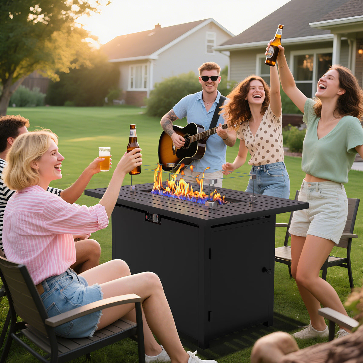Royalcraft 2 in 1 Propane Fire Pit Table, 50000 BTU Gas Fire Pits Table with Removable Lid, Lava Rock and Cover, Rectangular Fire Table for Dining or Party on Patio, Garden, Yard, 43'', Black