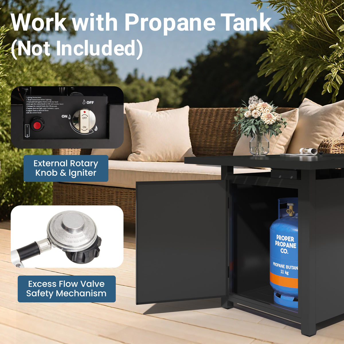 Royalcraft 2 in 1 Propane Fire Pit Table, 50000 BTU Gas Fire Pits Table with Removable Lid, Lava Rock and Cover, Rectangular Fire Table for Dining or Party on Patio, Garden, Yard, 43'', Black