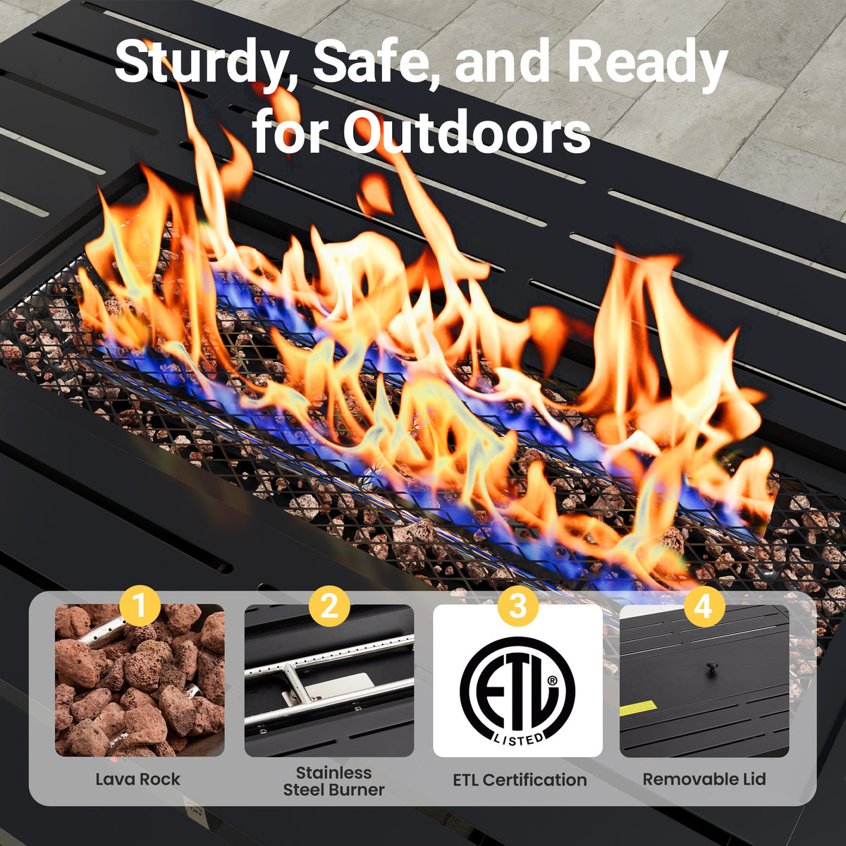 Royalcraft 2 in 1 Propane Fire Pit Table, 50000 BTU Gas Fire Pits Table with Removable Lid, Lava Rock and Cover, Rectangular Fire Table for Dining or Party on Patio, Garden, Yard, 43'', Black