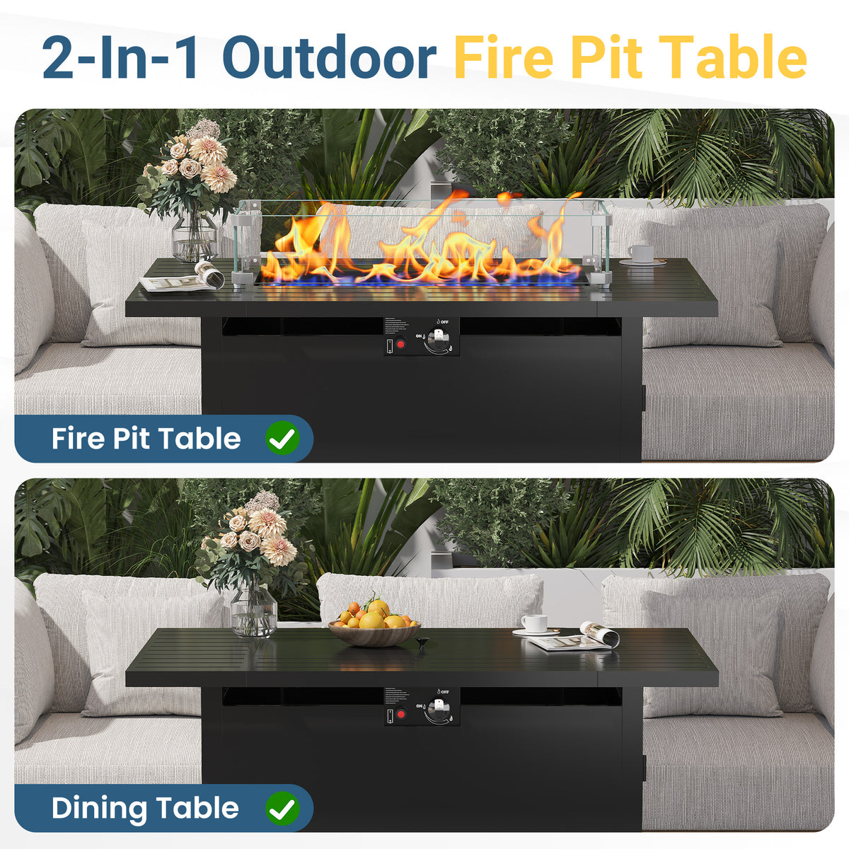 Royalcraft 2 in 1 Propane Fire Pit Table, 50000 BTU Gas Fire Pits Table with Removable Lid, Lava Rock and Cover, Rectangular Fire Table for Dining or Party on Patio, Garden, Yard, 43'', Black