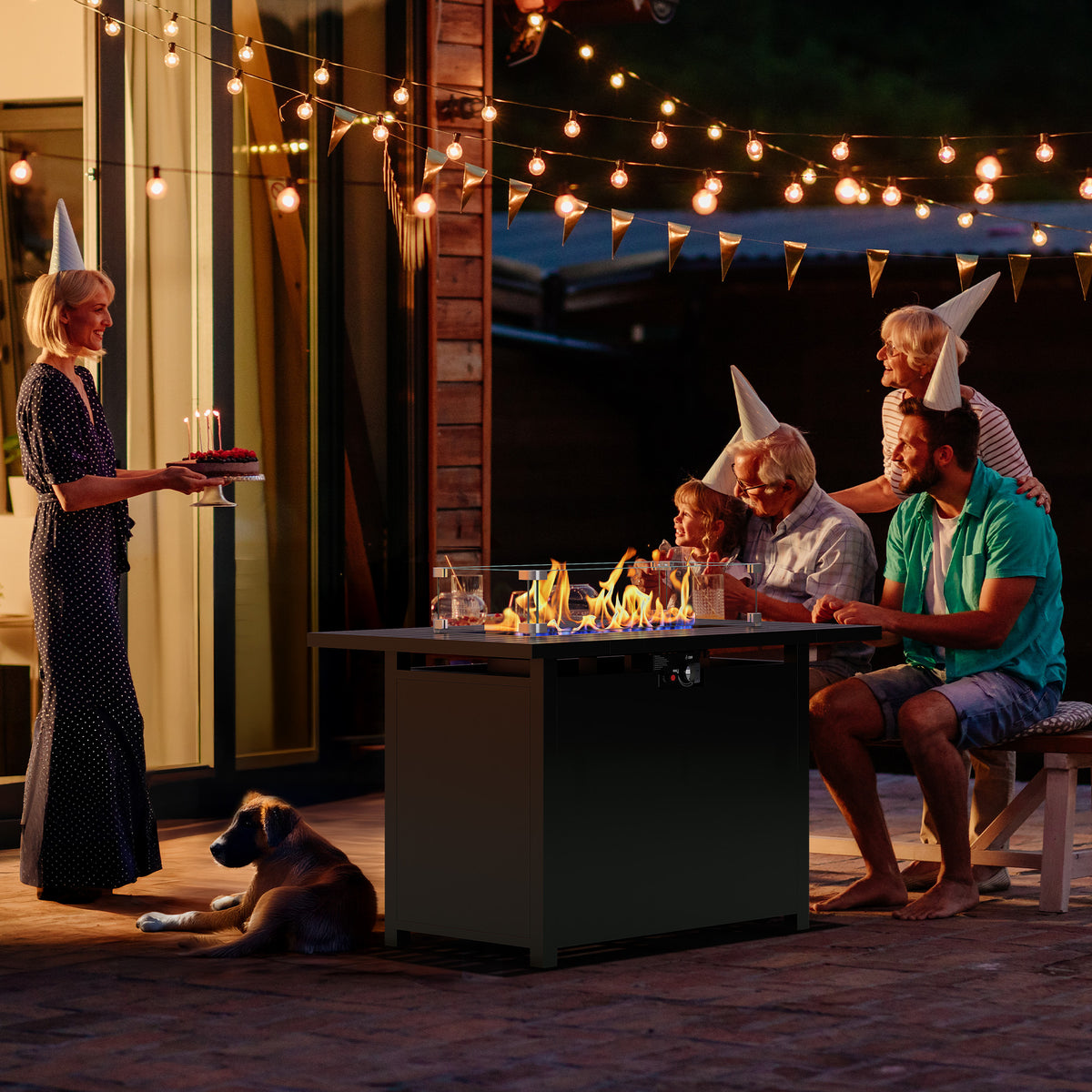Royalcraft 2 in 1 Propane Fire Pit Table, 50000 BTU Gas Fire Pits Table with Removable Lid, Lava Rock and Cover, Rectangular Fire Table for Dining or Party on Patio, Garden, Yard, 43'', Black