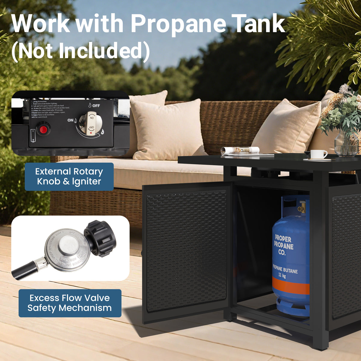 Royalcraft 2 in 1 Propane Fire Pit Table, 50000 BTU Gas Fire Pits Table with Removable Lid, Lava Rock and Cover, Square Fire Table for Dining or Party on Patio, Garden, Yard, 30'', Black