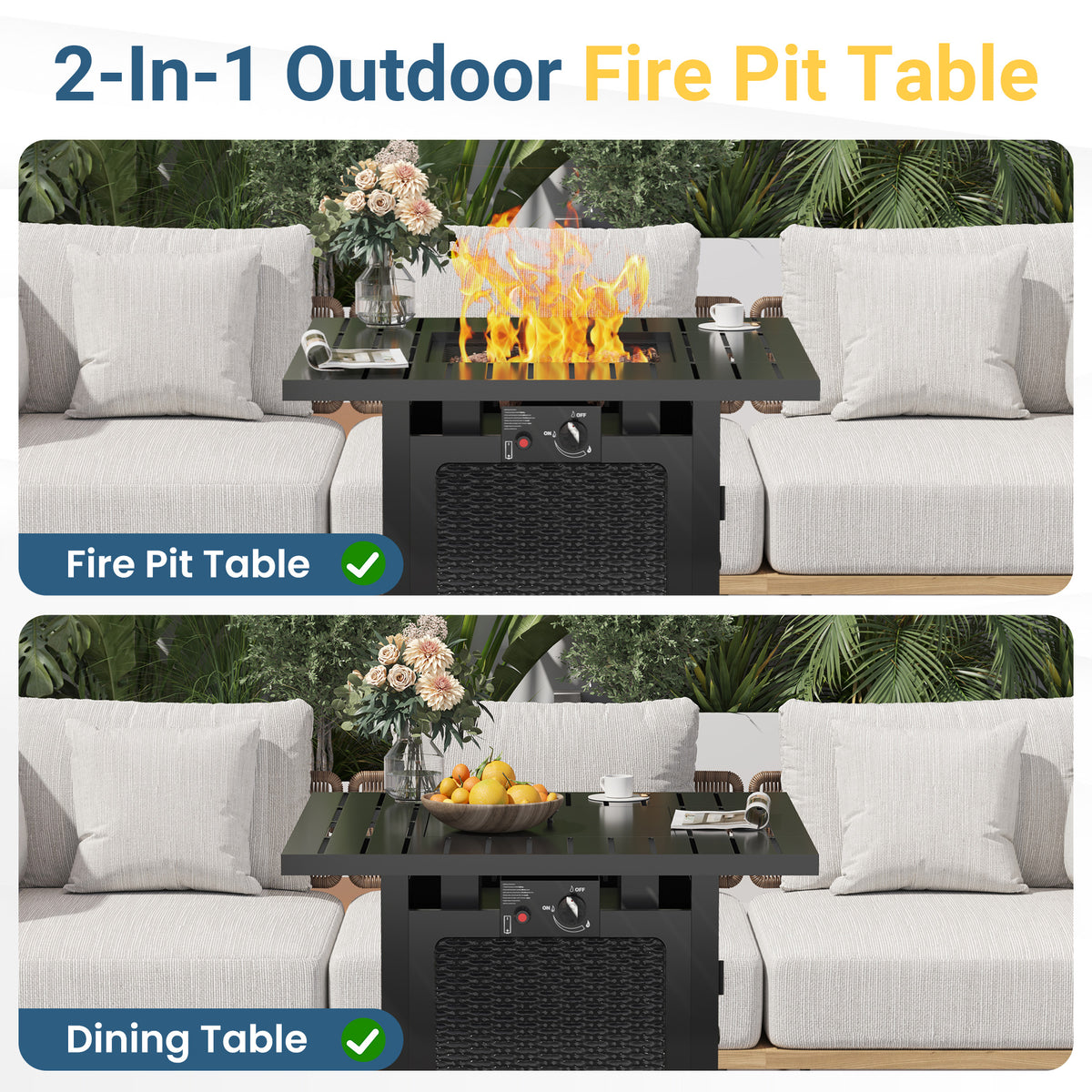 Royalcraft 2 in 1 Propane Fire Pit Table, 50000 BTU Gas Fire Pits Table with Removable Lid, Lava Rock and Cover, Square Fire Table for Dining or Party on Patio, Garden, Yard, 30'', Black