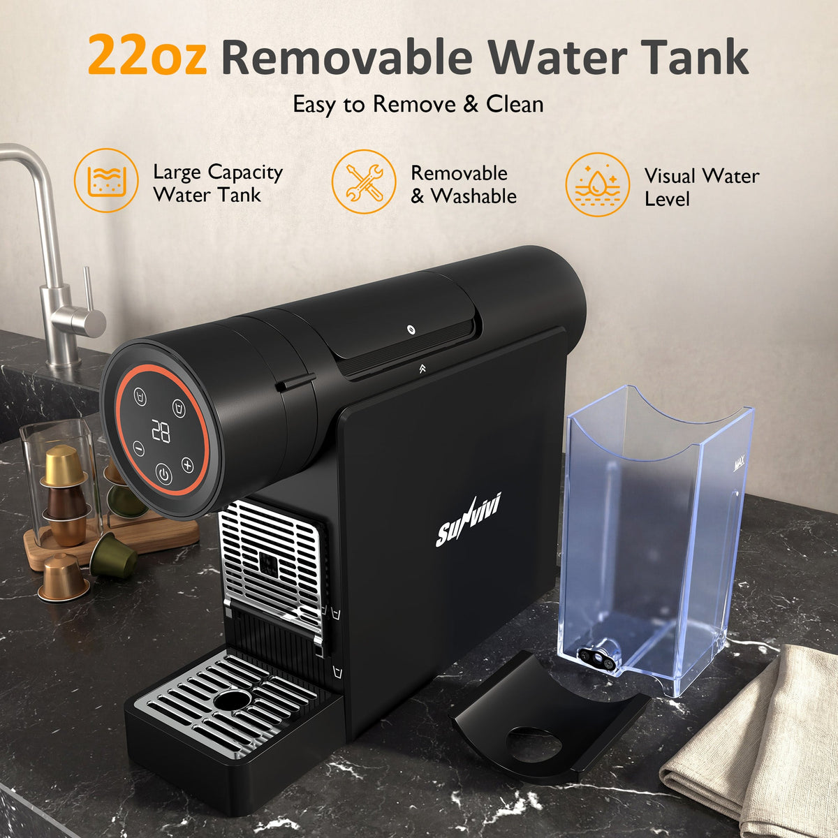 Royalcraft Espresso Pod Machine for Home, Capsule Coffee Maker for NS Original Pods, 20 Bar Single Serve Mini Pod Maker with 22oz Removable Water Tank, Adjustable Cup Tray for Home & Office, Black