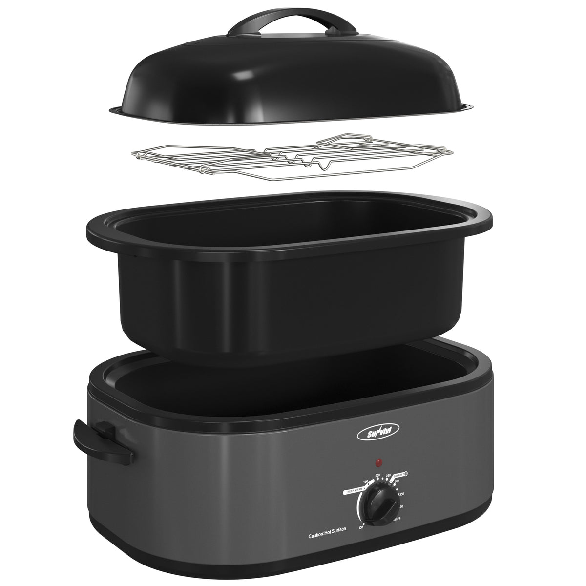 RoyalCraft 24 Quart Electric Roaster Oven with Visible & Self-Basting Lid, Stainless Steel, Silver