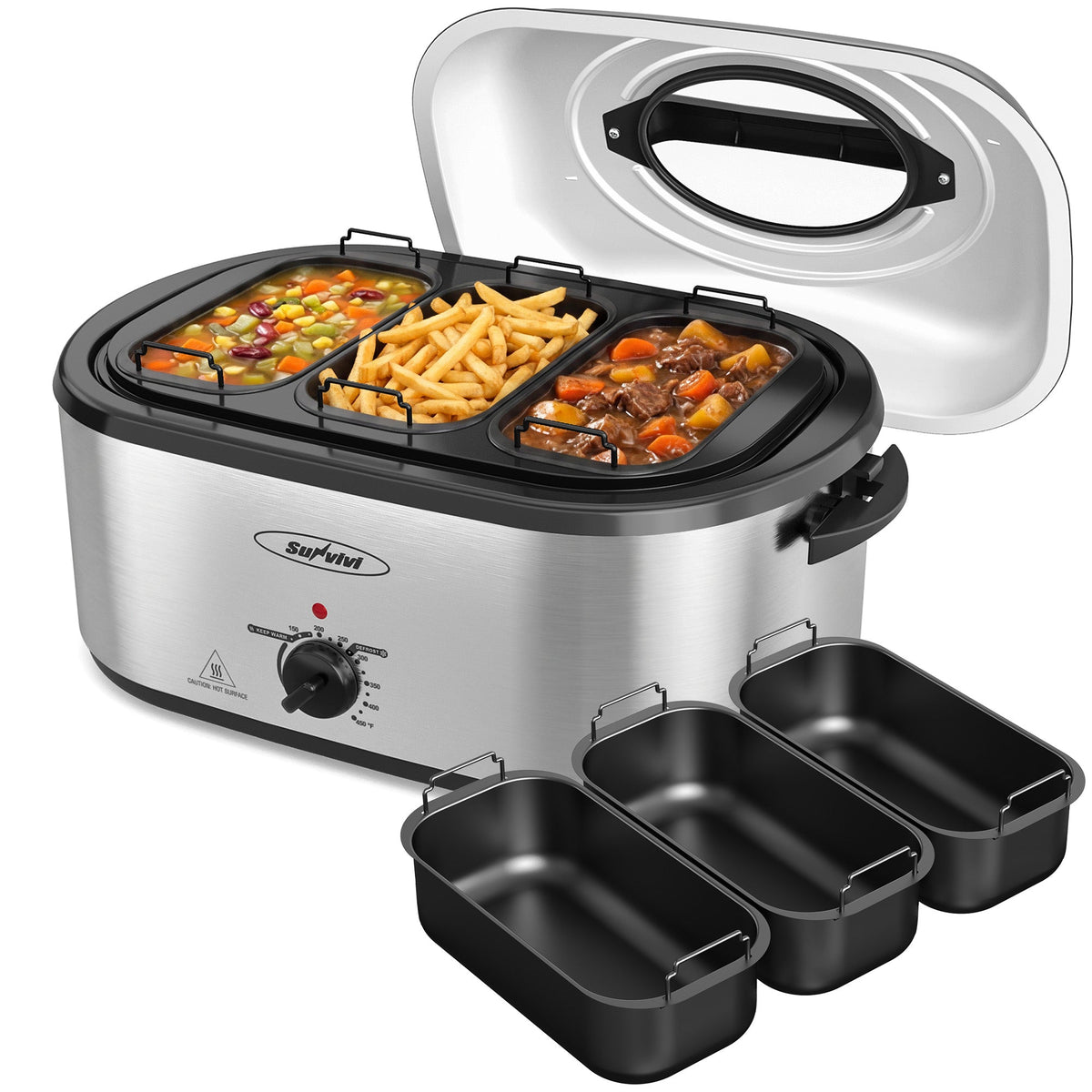 Royalcraft 24 QT Electric Roaster Oven with 3 Compartments, Self-Basting Lid, Silver