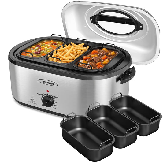 Royalcraft 24 QT Electric Roaster Oven with 3 Compartments, Self-Basting Lid, Red