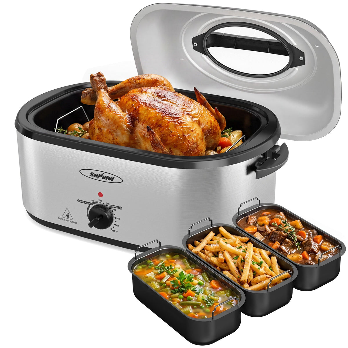 Royalcraft 24 QT Electric Roaster Oven with 3 Compartments, Self-Basting Lid, Silver