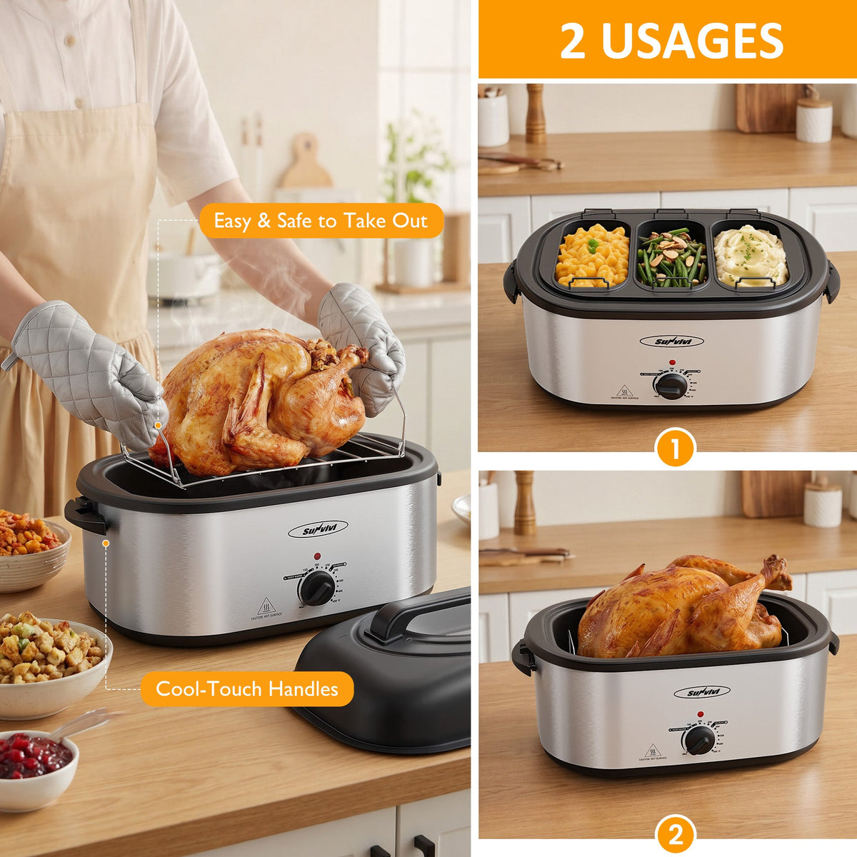 Royalcraft 24 QT Electric Roaster Oven with 3 Compartments, Self-Basting Lid, Red
