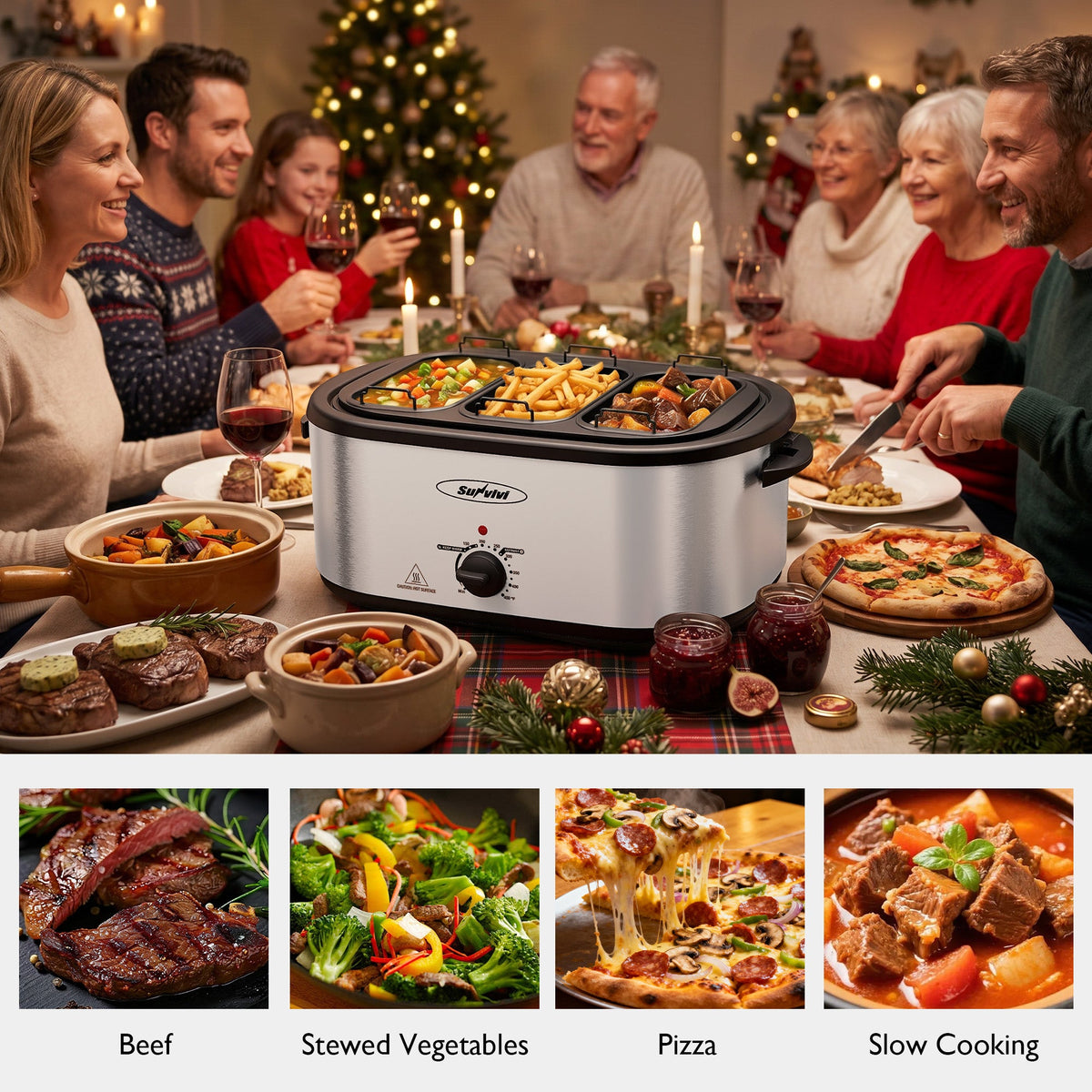 Royalcraft 24 QT Electric Roaster Oven with 3 Compartments, Self-Basting Lid, Red