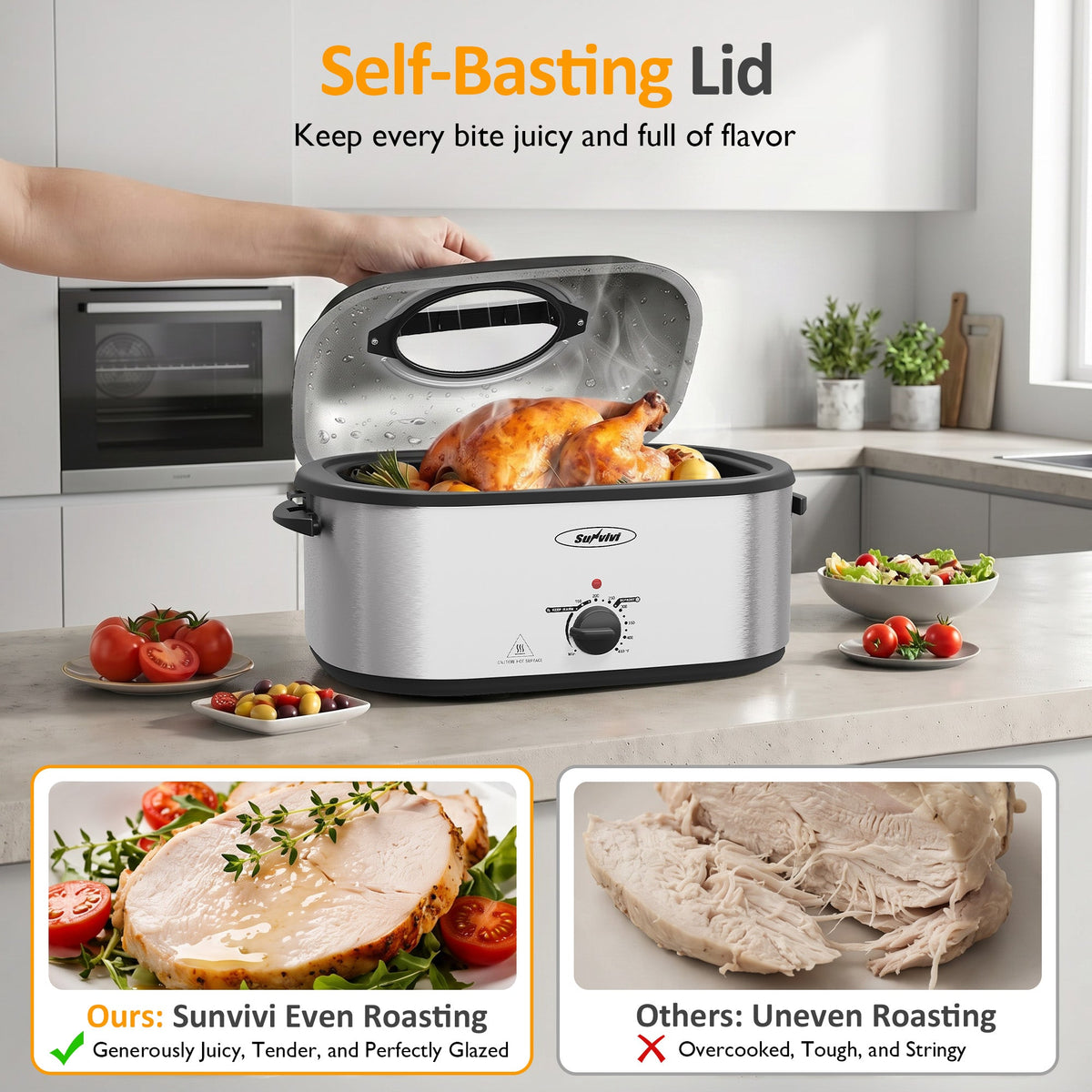 Royalcraft 24 QT Electric Roaster Oven with 3 Compartments, Self-Basting Lid, Red