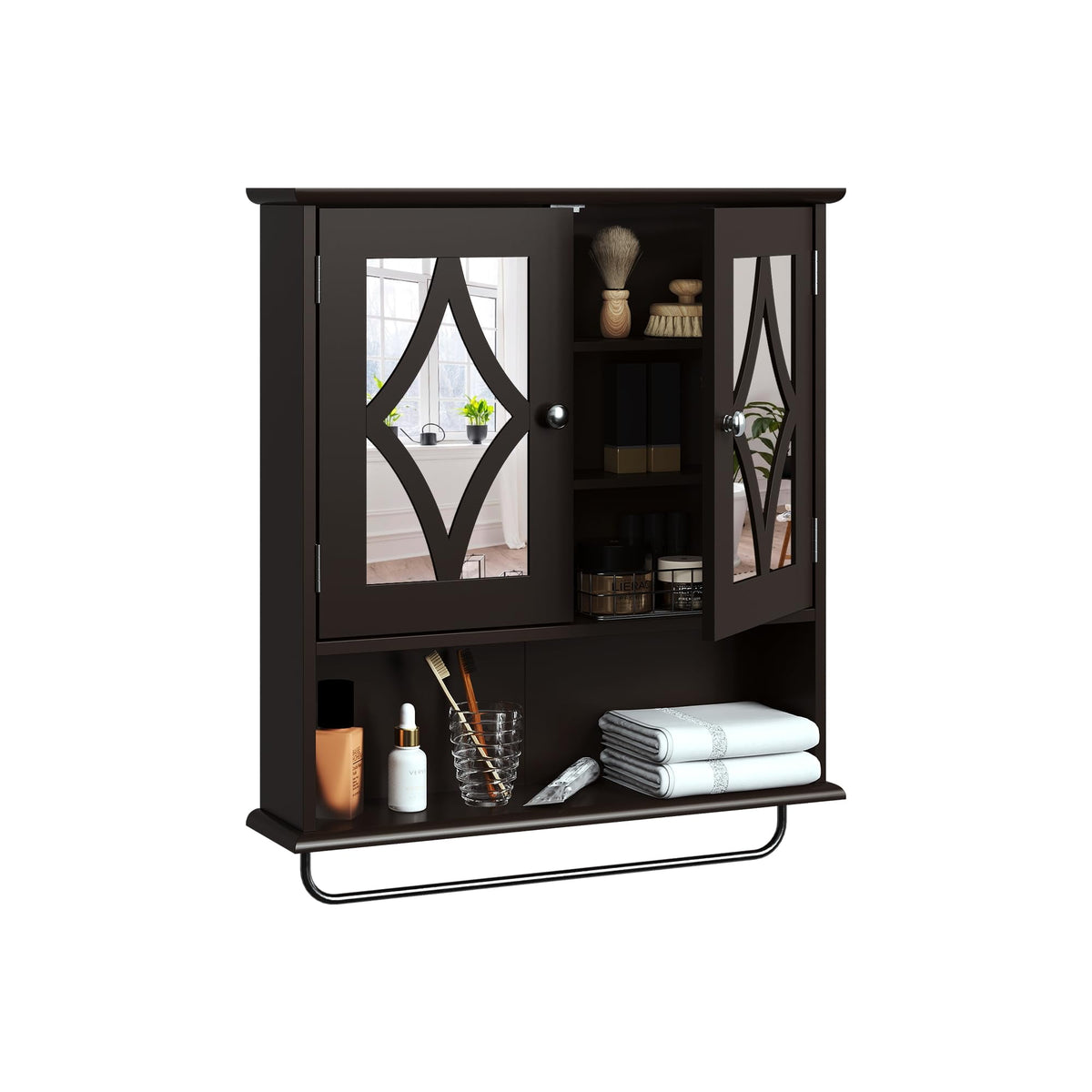 RoyalCraft Bathroom Medicine Cabinet with Mirror, Vanity Wall Mounted Storage Cabinet with Adjustable Shelves and Towel Bar, Hanging Wall Cabinet for Bathroom, Laundry, Living Room, Brown