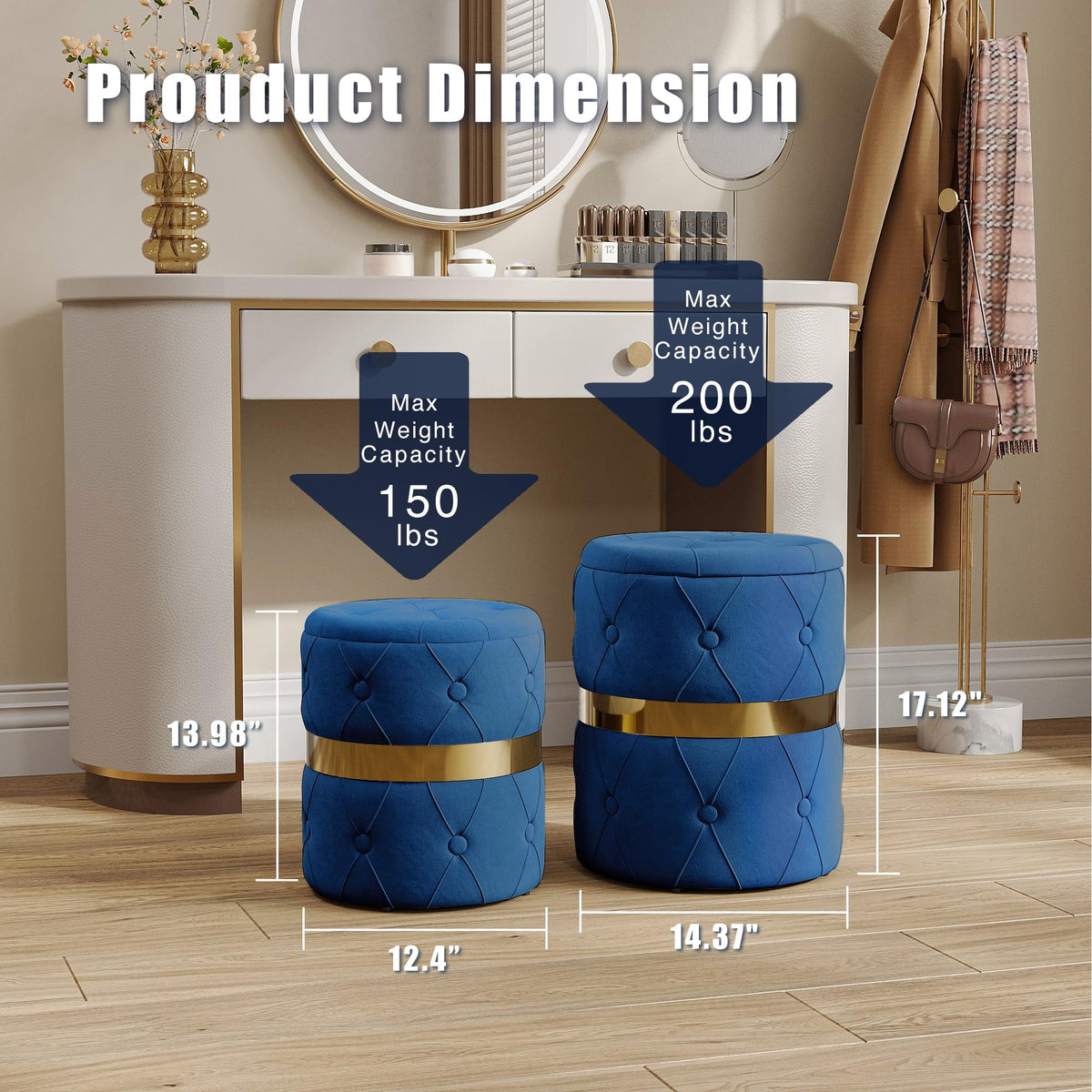 Superjoe Storage Ottoman Set of 2, Versatile Footrest Stool with Stainless Steel Base, Modern Round Vanity Stool Chair Foot Stools, Support 200lbs Padded Seat, for Living Room, Bedroom, Blue