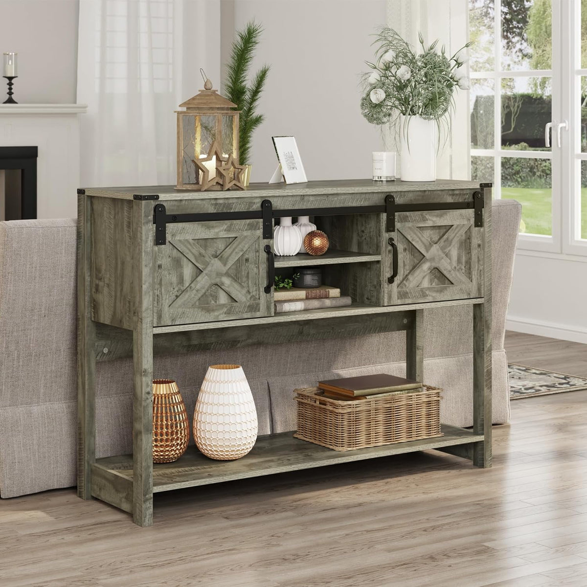 Royalcraft Entryway Table with Storage, 46" Modern Farmhouse Console Table with Sliding Barn Door, Wood Rustic Sofa Table with Adjustable Shelf for Hallway, Living Room, Foyer, White and Rustic Oak