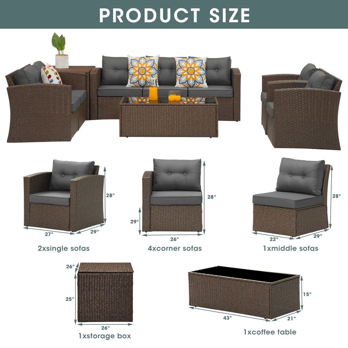 Royalcraft Outdoor Patio Furniture Set,10 Pieces Outdoor Sectional Wicker Sofa PE Rattan Conversation Sets with Dining Table,Aluminum Frame,Brown