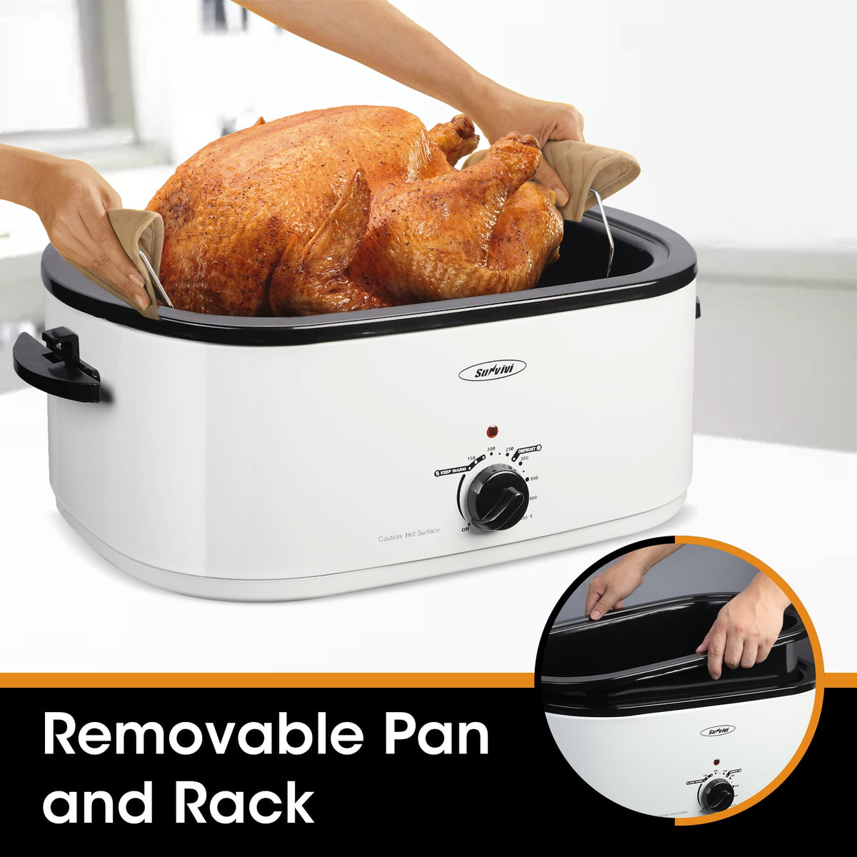 Royalcraft 26 Quart Electric Turkey Roaster Oven with Visible & Self-Basting Lid, Stainless Steel,Black