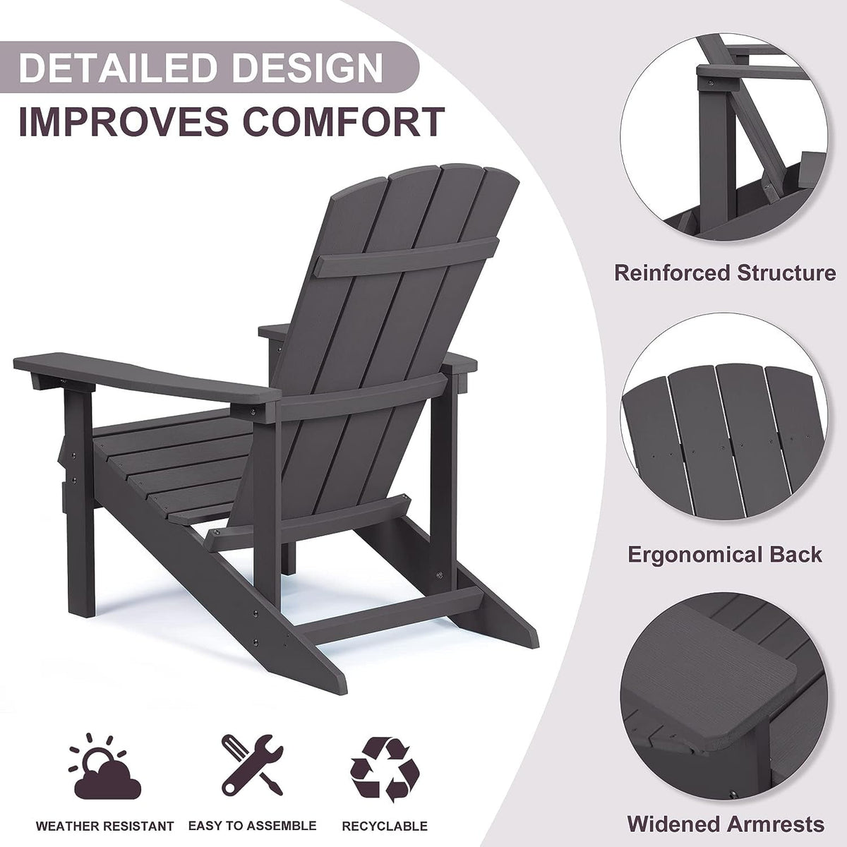 Royalcraft Adirondack Chairs, Weather Resistant Hips Plastic Fire Pit Chairs, Modern Poly Adorondic Outside Chairs, 350 LBS Adirondack Chair for Easy Assembly, White