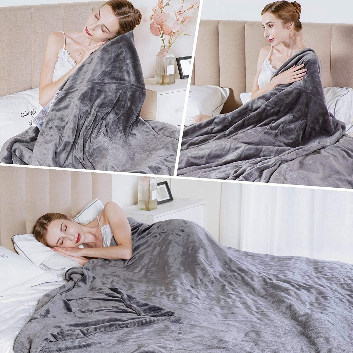 Royalcraft Electric Blanket Queen Size 84"x90" Flannel Heated Throw Blanket, Dual Controls Setting Electric Blanket, 10 Heating Levels, 12H Auto-off, Grey electric blanket