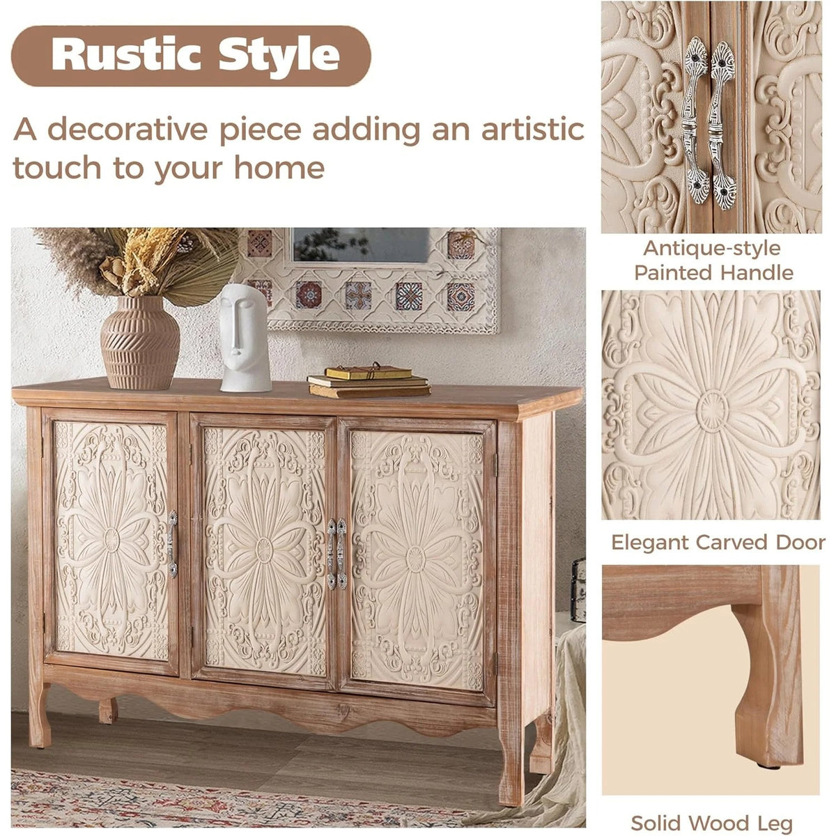 Royalcraft Accent Cabinet Rustic Storage Cabinet with 3 Carved Doors, Vintage Sideboard Buffet Cabinet with Shelves, Wood Entryway Cabinet for Kitchen, Dining Room, Living Room, Bedroom