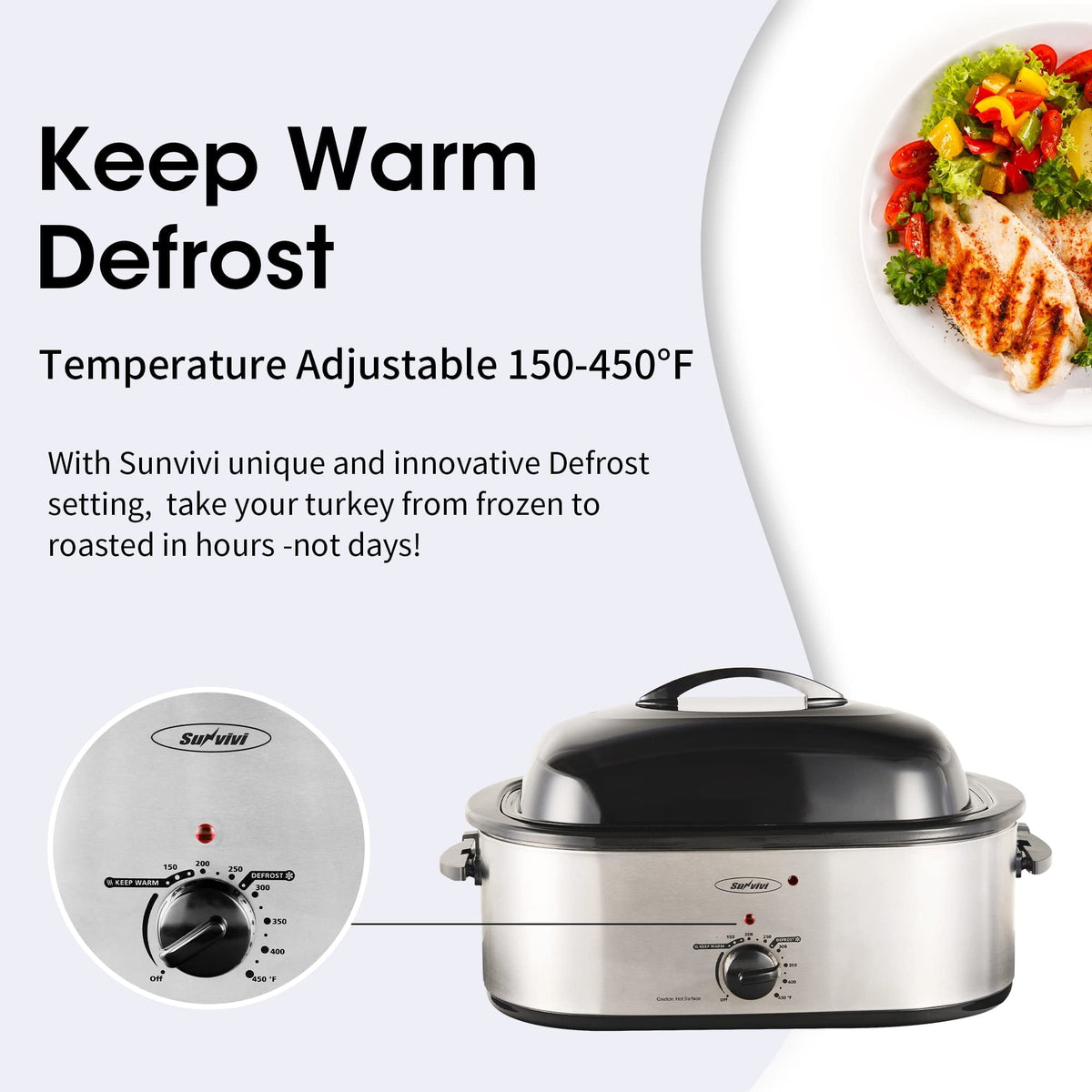 Royalcraft 20 Quart Electric Roaster with Removable Pan, Electric Turkey Roaster Oven with Self-Basting Lid, Roasting Oven with Cool-Touch Handles, Silver