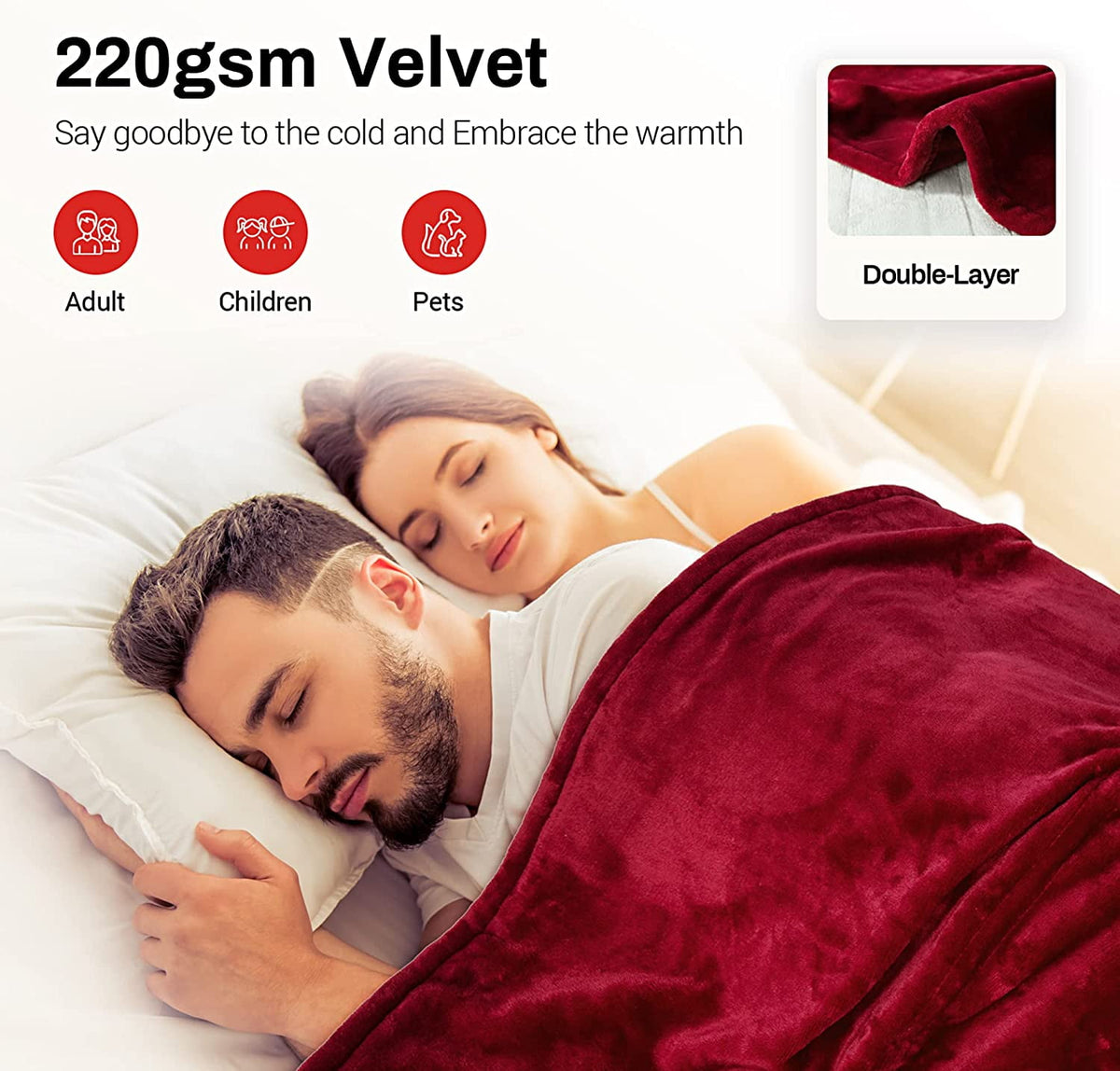 Royalcraft Heated Blanket King Size, Heating Electric Throw Blanket Dual Control, Soft Velvet, 10 Heat Settings, 12 Hours Auto Off, Red