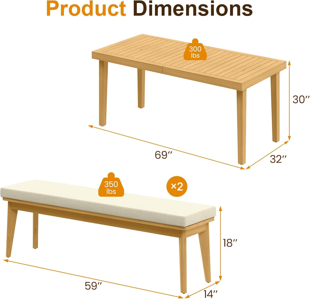 RoyalCraft Acacia 3 Pieces Patio Dining Set with Dining Table and Bench, All-Weather Wood Bench with Cushions, Modern Outdoor Dining Furniture Set for Lawn, Backyard, Garden, Deck, Beige