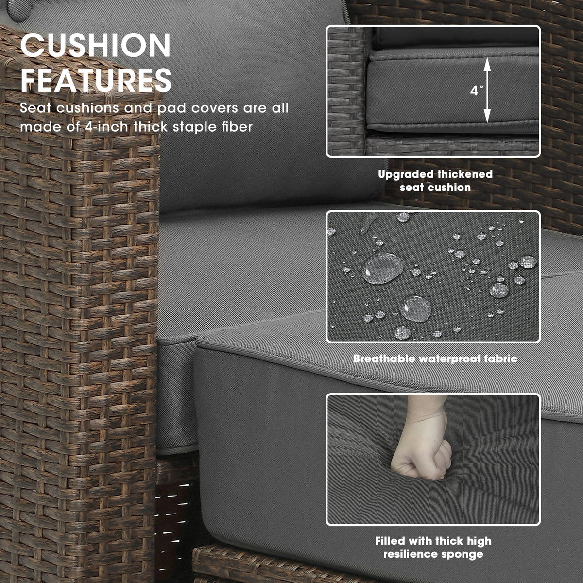 Royalcraft 4 Pieces Wicker Furniture Single Chair with Ottoman,All-Weather Brown Rattan Outdoor ArmChair Sofa Set with Dark Grey Non-slip Cushions,Aluminum Frame