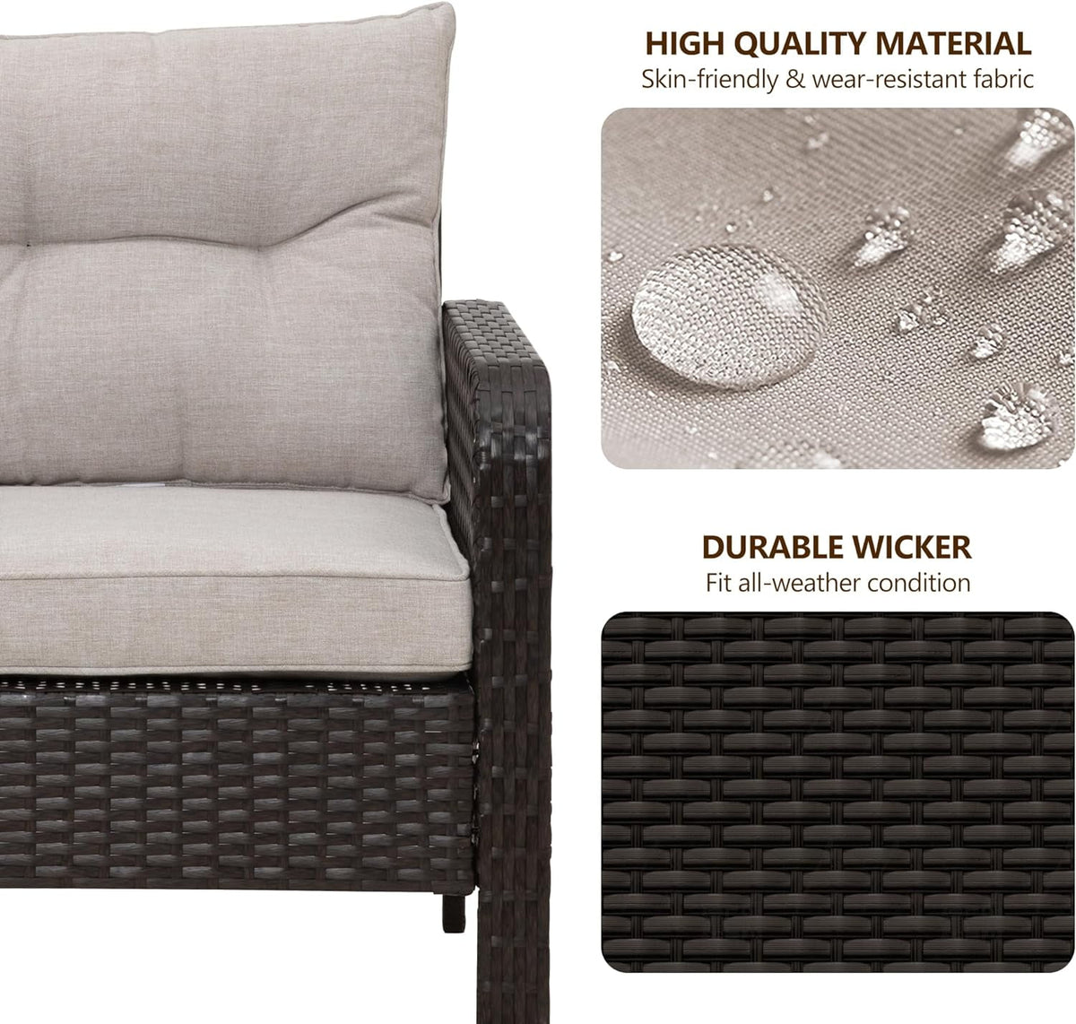 4 Pieces Patio Furniture Set, Outdoor Rattan Chair Wicker Conversation Sets with Cushions and Glass Coffee Table, for Porch Balcony Garden Backyard Deck, Brown and Khaki