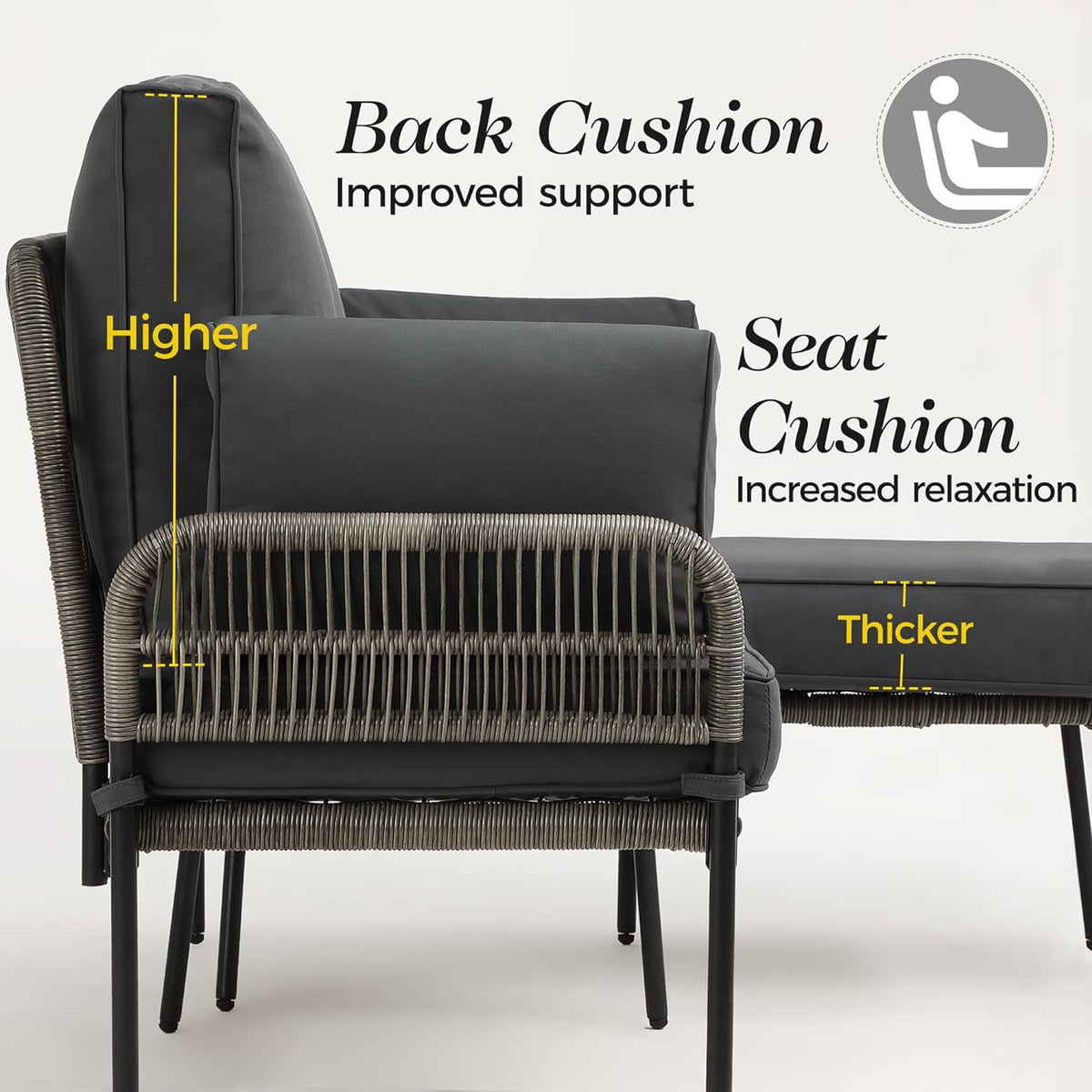 Royalcraft Patio Furniture Set, Outdoor Sectional Furniture Sets with Woven Rope Accents and 4-inch Cushions, L-Shaped Patio Conversation Sets with Detachable Lounger and Side Table