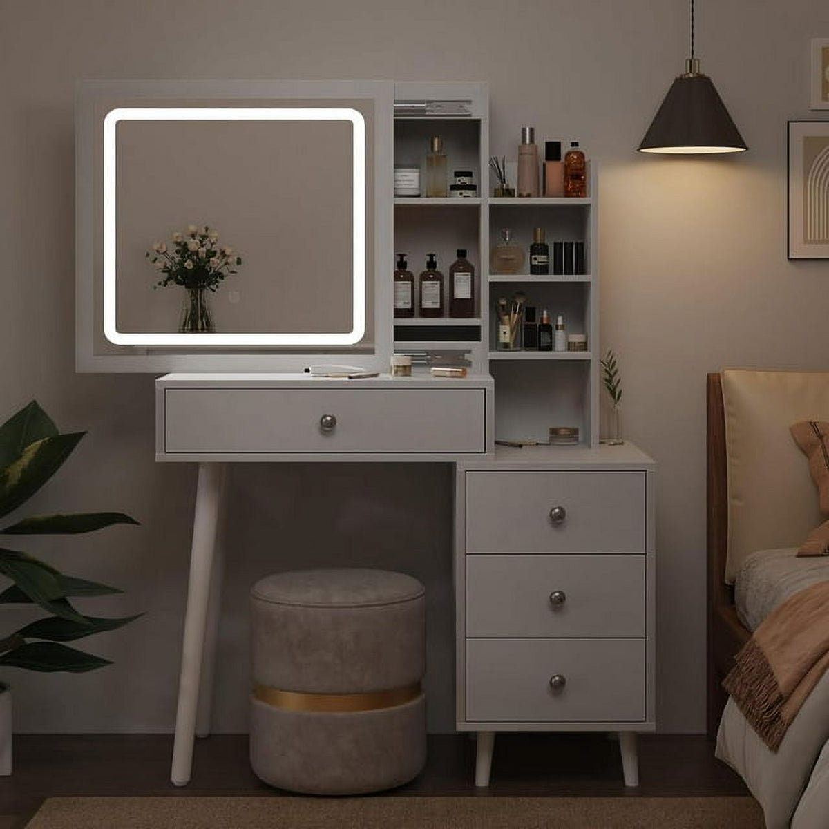 Superjoe Vanity with Mirror and Lights, Makeup Table with 3 Color Touch Light, Vanity Desk with Drawers & Hidden Shelves for Bedroom, White (Stool Not Included)