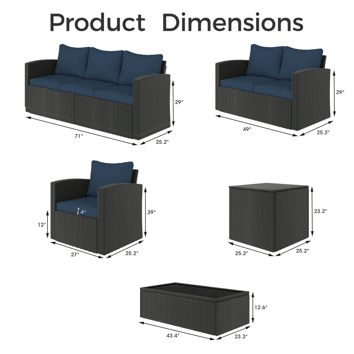 Royalcraft 9 Pieces Patio Furniture Set, All Weather PE Wicker Rattan Outdoor Sectional Sofa, Outdoor Sectional Sofa for Lawn Backyard Poolside Porch Garden, Blue