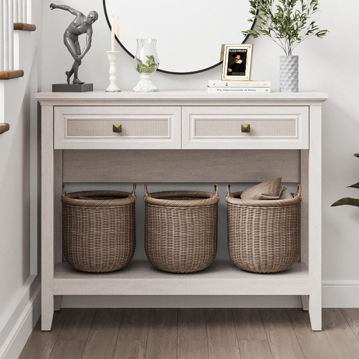 Superjoe Rattan Entryway Table Set of 2, Boho Console Table w/Widened Tabletop, Farmhouse Sofa Table w/Storage Shelf, Grayish White Foyer Table