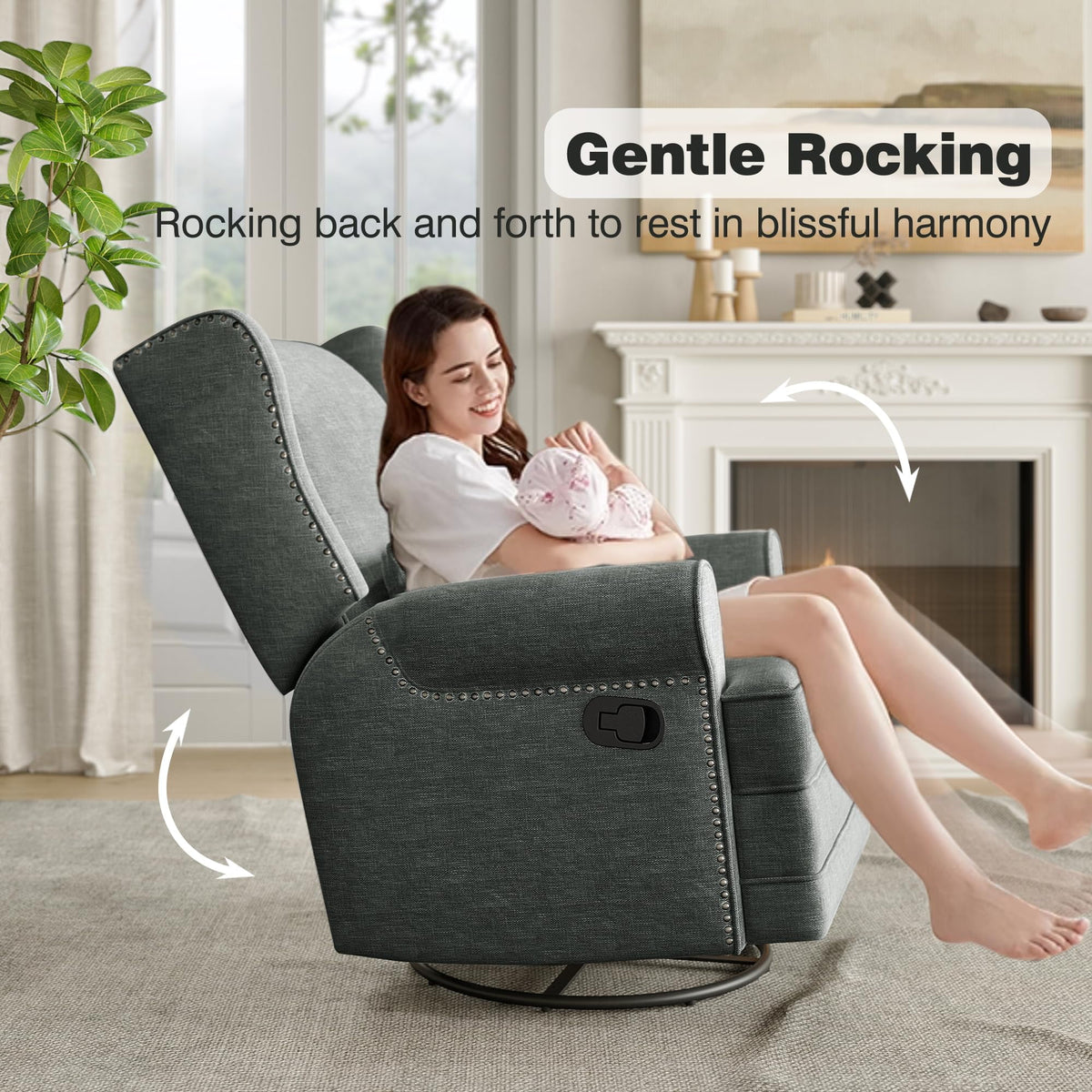 RoyalCraft Swivel Recliner Chair, Comfy Glider Rocking Chairs with Lumbar Pillow and Footrest, Upholstered Swivel Rocking Chair for Bedroom,Nursery, Dark Grey