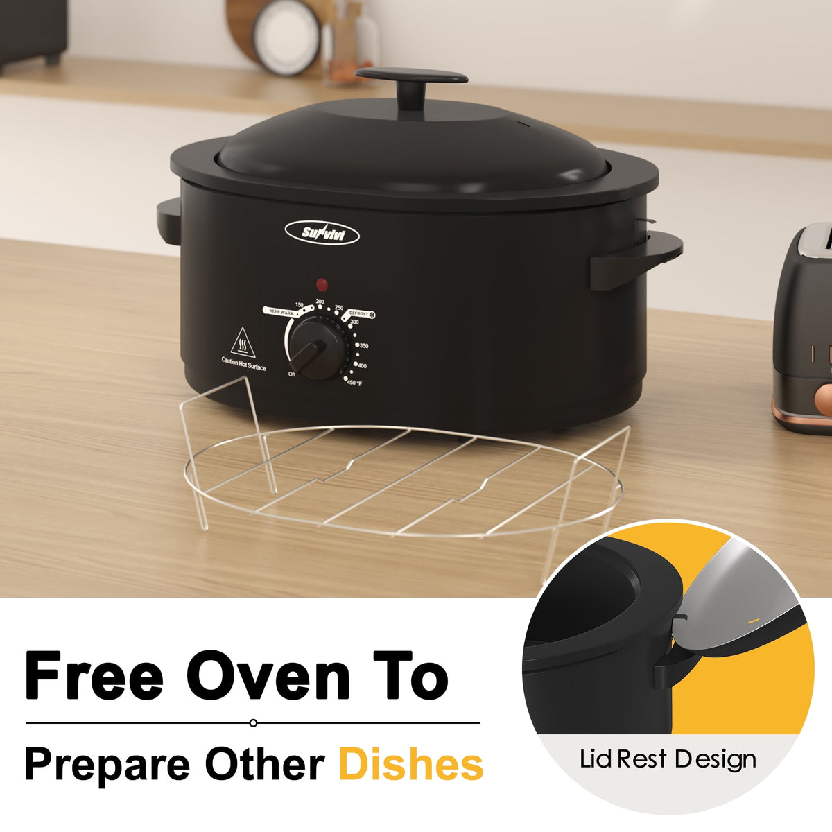 Royalcraft Roaster Oven with Self-Basting Lid, 8qt Electric Roaster with Removable Pan & Rack, Turkey Roaster Oven with Defrost & Warm Function, Stainless Steel, Black