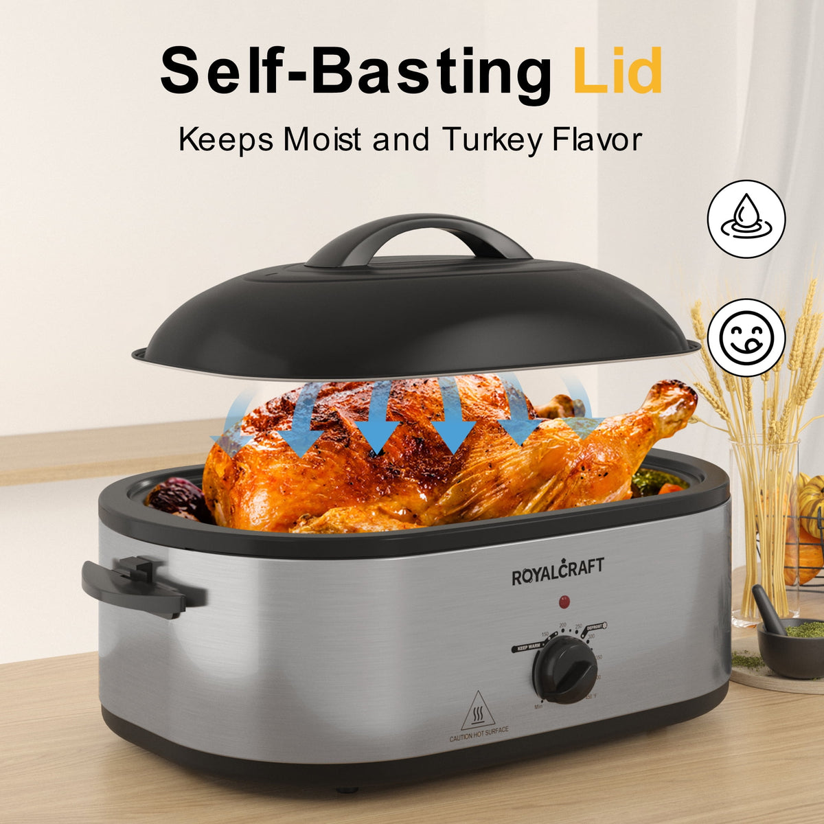 RoyalCraft 26 Quart Electric Turkey Roaster Oven with Visible Glass Lid, with Removable Pan & Rack, Stainless Steel, White