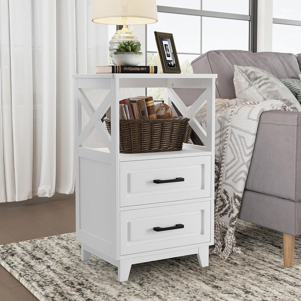 RoyalCraft White Nightstand, Farmhouse Side Table with Storage Drawers and Open Shelf, Wooden Rustic End Table Cabinet for Bedroom, Living Room nightstand