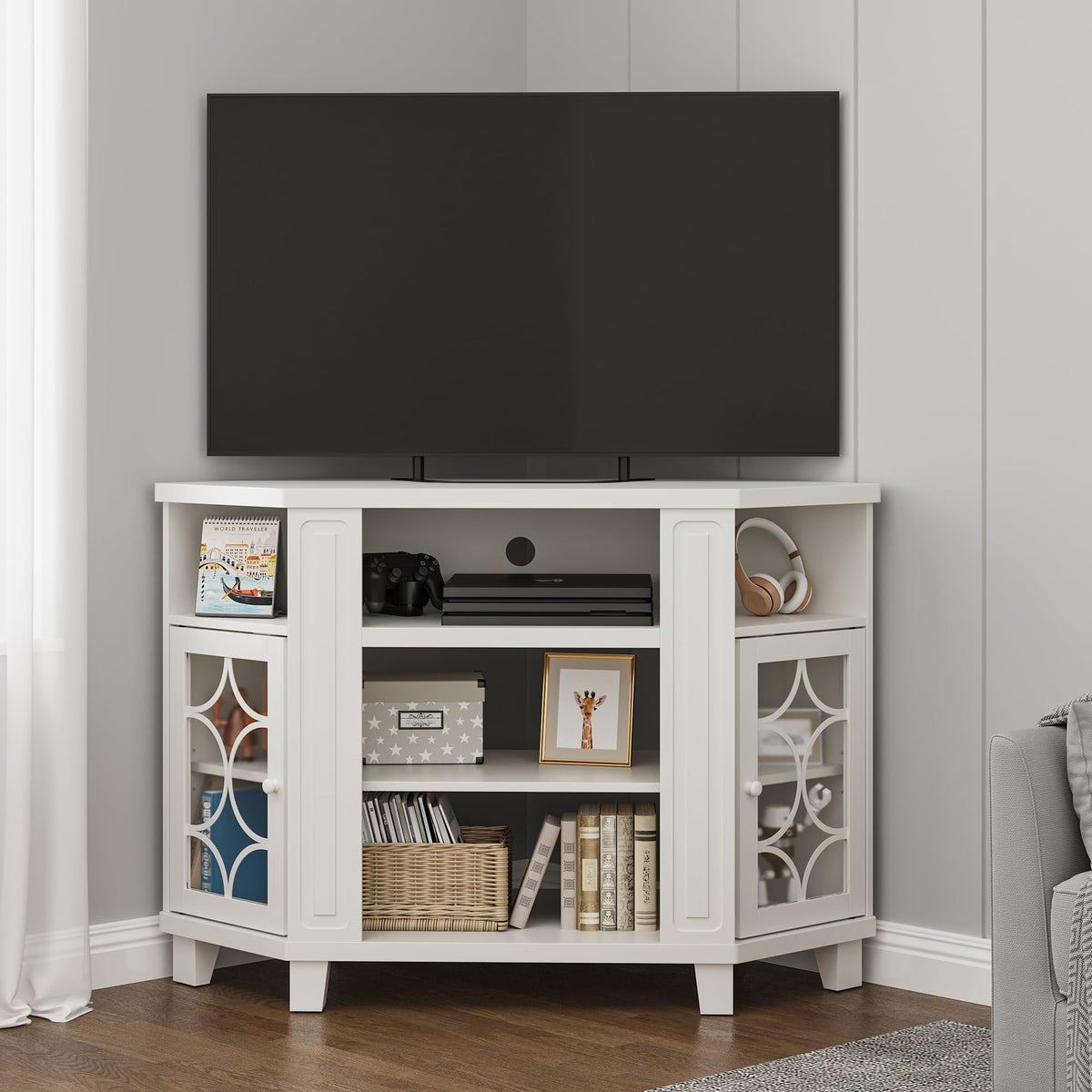 CozyHome Corner TV Stands, Wood Media Console Table with Adjustable Shelves & Acrylic Doors, Modern Entertainment Center for TVs up to 55'', Corner Cabinet for Living Room, Bedroom, White