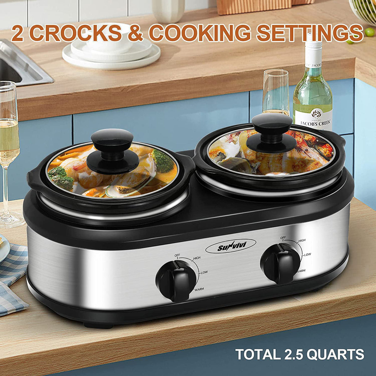 Royalcraft Double Slow Cooker,2 Pot Small Mini Crock Buffet Servers and Warmer,Dual Pot Oval Manual Slow Cooker with Adjustable Temp Removable Ceramic Pot,Stainless Steel, Total 2.5 Quarts Black
